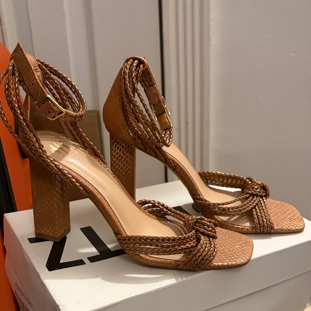 Jennifer Lopez Tan Braided Heels